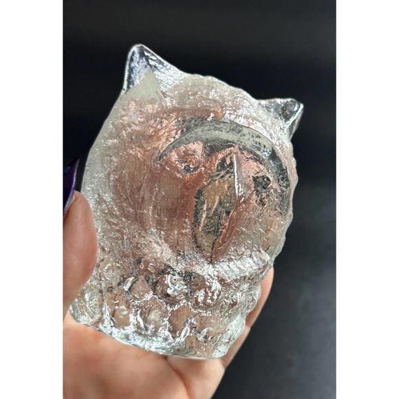 Vintage Pukeberg Sweden Textured Art Glass Owl Crystal Paperweight Figurine - Picture 1 of 13
